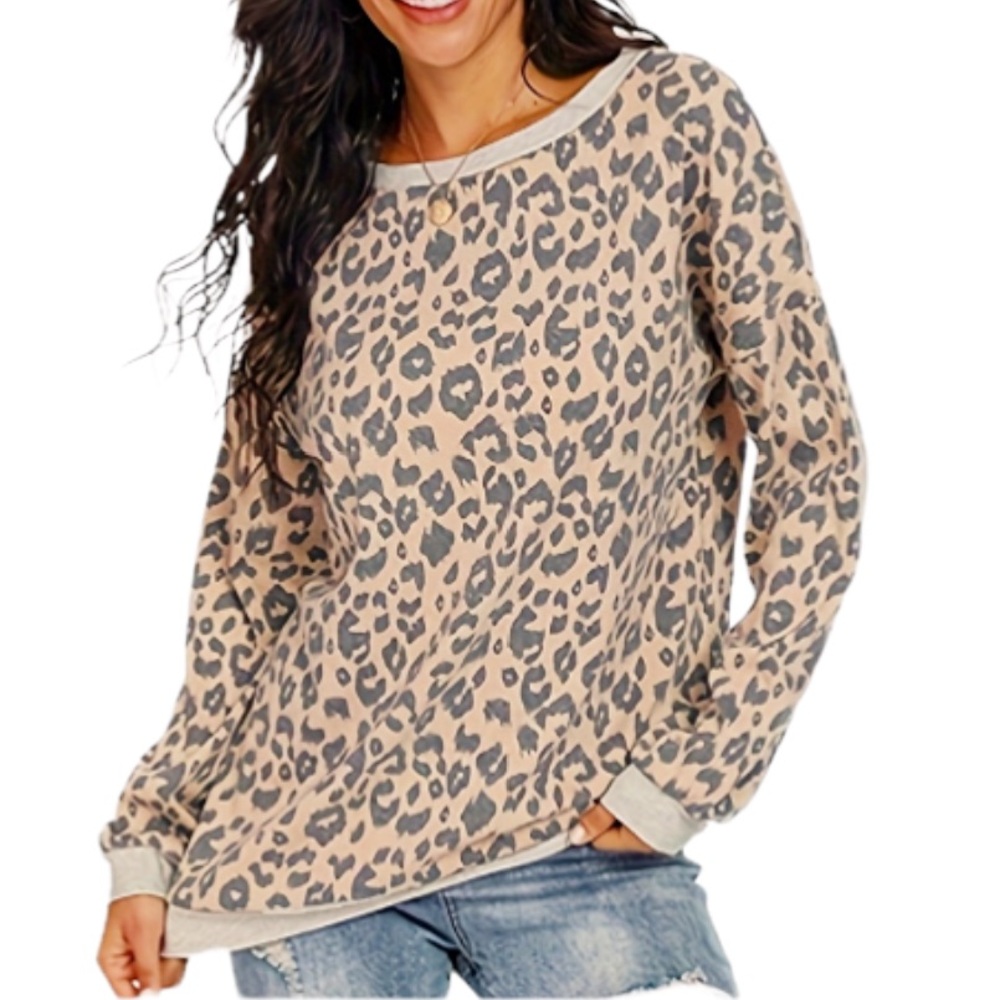 Tan leopard print contrast trim oversize off-shoulder long sleeve tee size small